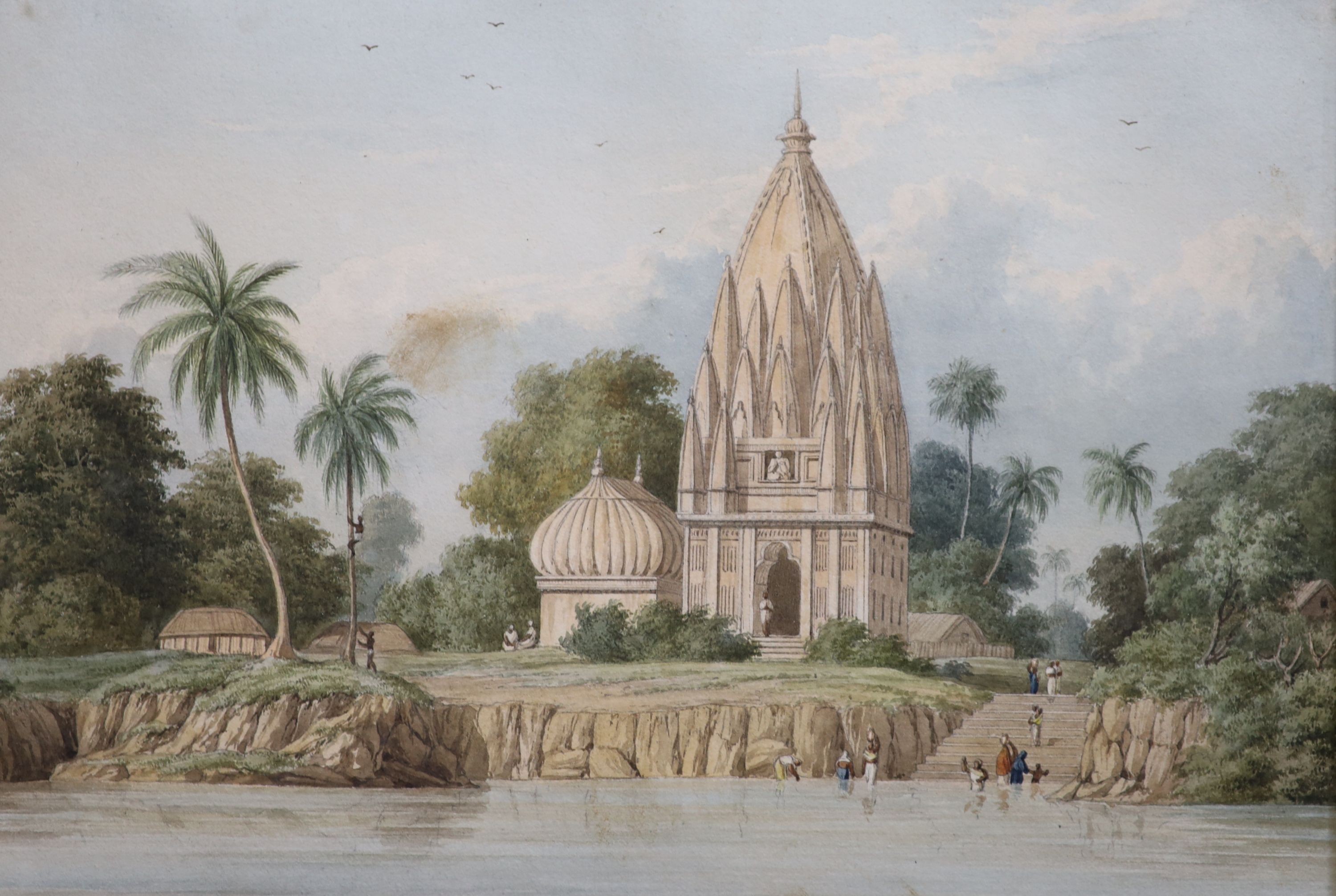 Lieutenant-Colonel Charles Ramus Forrest (1750-1827), Village and pagoda below Patna Azimabadi, on the Ganges, watercolour, 19 x 27cm